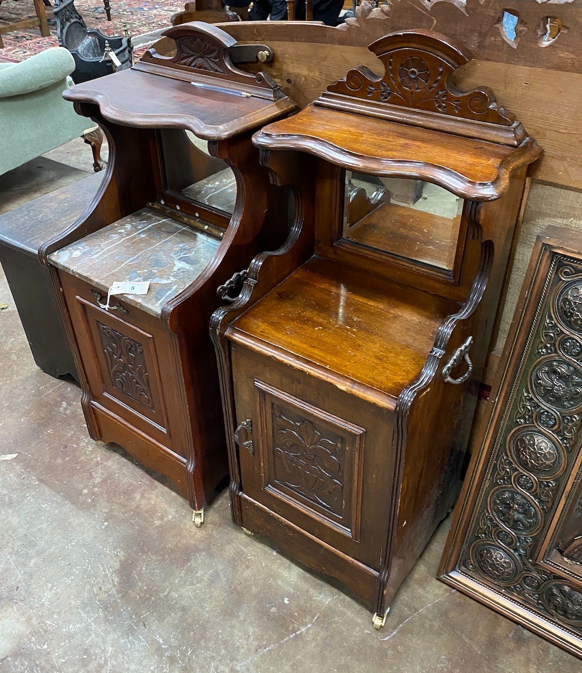 A Victorian mahogany coal purdonium and similar bedside cabinet, larger width 42cm, depth 35cm, height 97cm